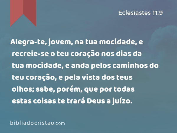 Alegra-te, jovem, na tua mocidade, e recreie-se o teu coração nos dias da tua mocidade, e anda pelos caminhos do teu coração, e pela vista dos teus olhos; sabe, porém, que por todas estas coisas te trará Deus a juízo. - Eclesiastes 11:9