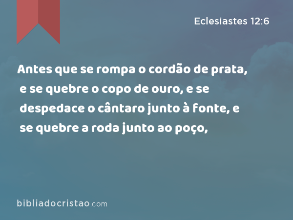 Antes que se rompa o cordão de prata, e se quebre o copo de ouro, e se despedace o cântaro junto à fonte, e se quebre a roda junto ao poço, - Eclesiastes 12:6