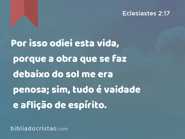 Por isso odiei esta vida, porque a obra que se faz debaixo do sol me era penosa; sim, tudo é vaidade e aflição de espírito. - Eclesiastes 2:17