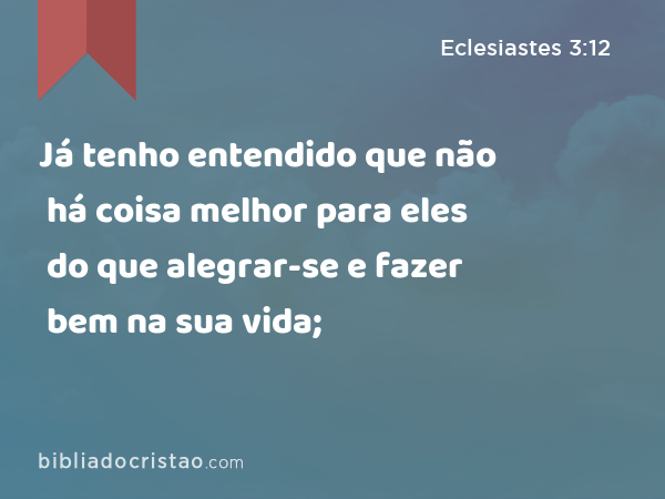 Já tenho entendido que não há coisa melhor para eles do que alegrar-se e fazer bem na sua vida; - Eclesiastes 3:12