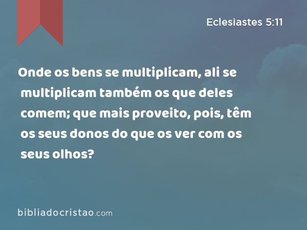 Onde os bens se multiplicam, ali se multiplicam também os que deles comem; que mais proveito, pois, têm os seus donos do que os ver com os seus olhos? - Eclesiastes 5:11