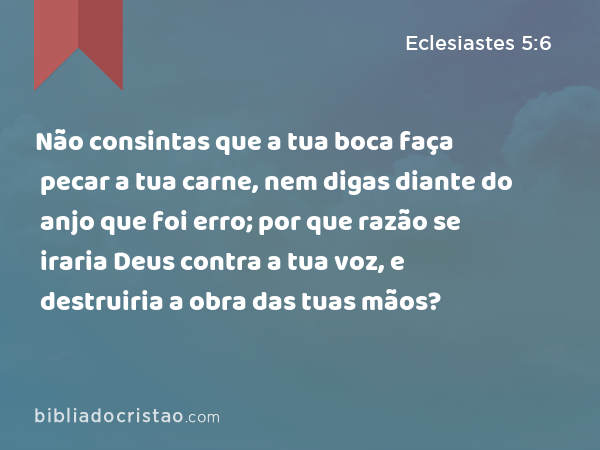 Não consintas que a tua boca faça pecar a tua carne, nem digas diante do anjo que foi erro; por que razão se iraria Deus contra a tua voz, e destruiria a obra das tuas mãos? - Eclesiastes 5:6