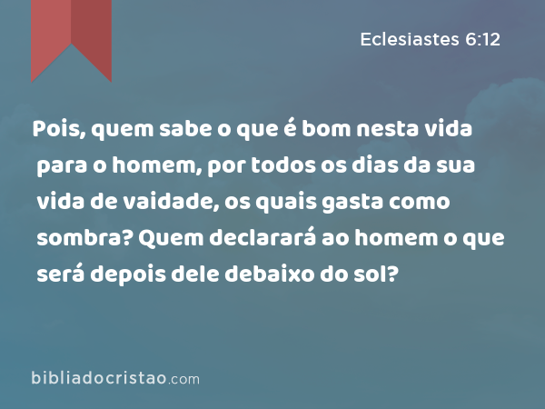 Pois, quem sabe o que é bom nesta vida para o homem, por todos os dias da sua vida de vaidade, os quais gasta como sombra? Quem declarará ao homem o que será depois dele debaixo do sol? - Eclesiastes 6:12