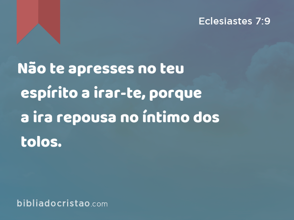 Não te apresses no teu espírito a irar-te, porque a ira repousa no íntimo dos tolos. - Eclesiastes 7:9