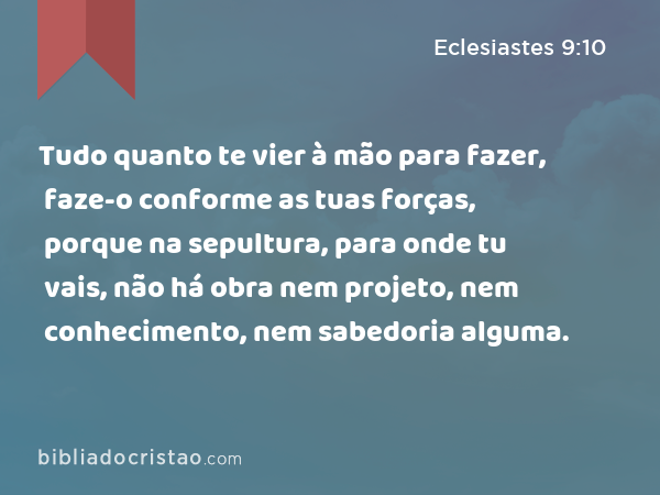 Tudo quanto te vier à mão para fazer, faze-o conforme as tuas forças, porque na sepultura, para onde tu vais, não há obra nem projeto, nem conhecimento, nem sabedoria alguma. - Eclesiastes 9:10