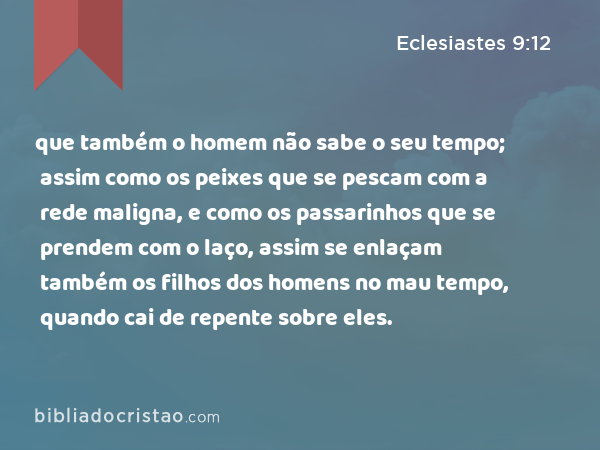 que também o homem não sabe o seu tempo; assim como os peixes que se pescam com a rede maligna, e como os passarinhos que se prendem com o laço, assim se enlaçam também os filhos dos homens no mau tempo, quando cai de repente sobre eles. - Eclesiastes 9:12