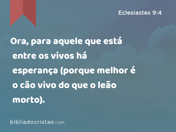 Ora, para aquele que está entre os vivos há esperança (porque melhor é o cão vivo do que o leão morto). - Eclesiastes 9:4