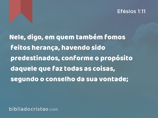 Nele, digo, em quem também fomos feitos herança, havendo sido predestinados, conforme o propósito daquele que faz todas as coisas, segundo o conselho da sua vontade; - Efésios 1:11