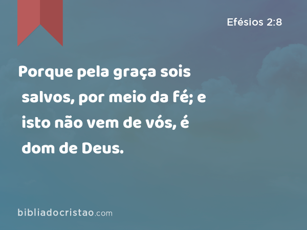 Porque pela graça sois salvos, por meio da fé; e isto não vem de vós, é dom de Deus. - Efésios 2:8