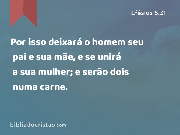 Por isso deixará o homem seu pai e sua mãe, e se unirá a sua mulher; e serão dois numa carne. - Efésios 5:31