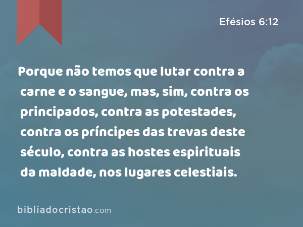 Porque não temos que lutar contra a carne e o sangue, mas, sim, contra os principados, contra as potestades, contra os príncipes das trevas deste século, contra as hostes espirituais da maldade, nos lugares celestiais. - Efésios 6:12