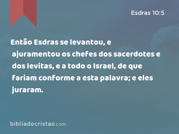 Então Esdras se levantou, e ajuramentou os chefes dos sacerdotes e dos levitas, e a todo o Israel, de que fariam conforme a esta palavra; e eles juraram. - Esdras 10:5