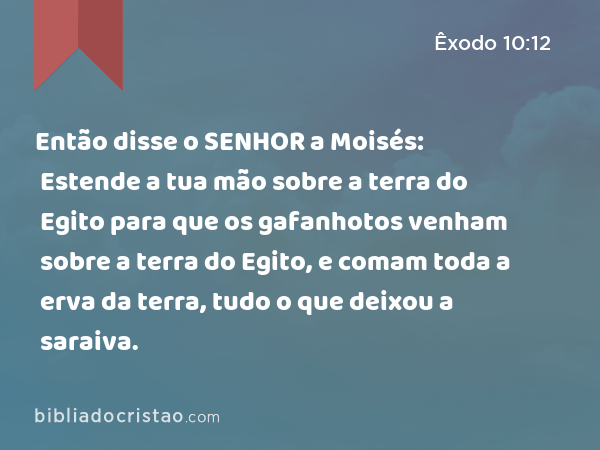 Então disse o SENHOR a Moisés: Estende a tua mão sobre a terra do Egito para que os gafanhotos venham sobre a terra do Egito, e comam toda a erva da terra, tudo o que deixou a saraiva. - Êxodo 10:12