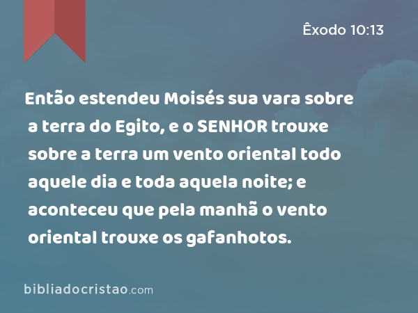 Então estendeu Moisés sua vara sobre a terra do Egito, e o SENHOR trouxe sobre a terra um vento oriental todo aquele dia e toda aquela noite; e aconteceu que pela manhã o vento oriental trouxe os gafanhotos. - Êxodo 10:13