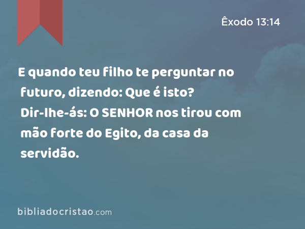 E quando teu filho te perguntar no futuro, dizendo: Que é isto? Dir-lhe-ás: O SENHOR nos tirou com mão forte do Egito, da casa da servidão. - Êxodo 13:14