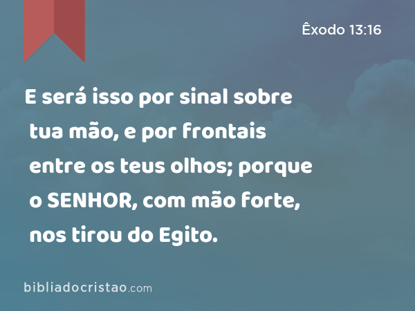 E será isso por sinal sobre tua mão, e por frontais entre os teus olhos; porque o SENHOR, com mão forte, nos tirou do Egito. - Êxodo 13:16