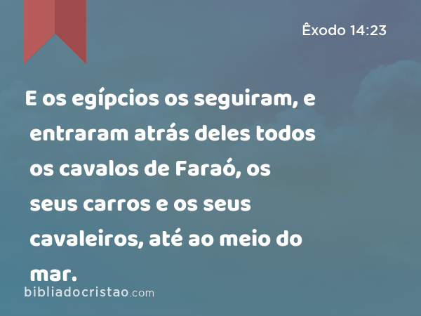 E os egípcios os seguiram, e entraram atrás deles todos os cavalos de Faraó, os seus carros e os seus cavaleiros, até ao meio do mar. - Êxodo 14:23