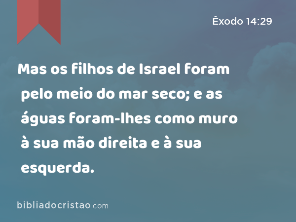 Mas os filhos de Israel foram pelo meio do mar seco; e as águas foram-lhes como muro à sua mão direita e à sua esquerda. - Êxodo 14:29