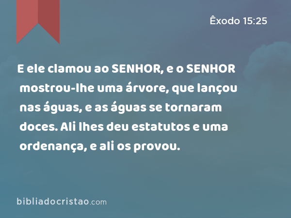 E ele clamou ao SENHOR, e o SENHOR mostrou-lhe uma árvore, que lançou nas águas, e as águas se tornaram doces. Ali lhes deu estatutos e uma ordenança, e ali os provou. - Êxodo 15:25