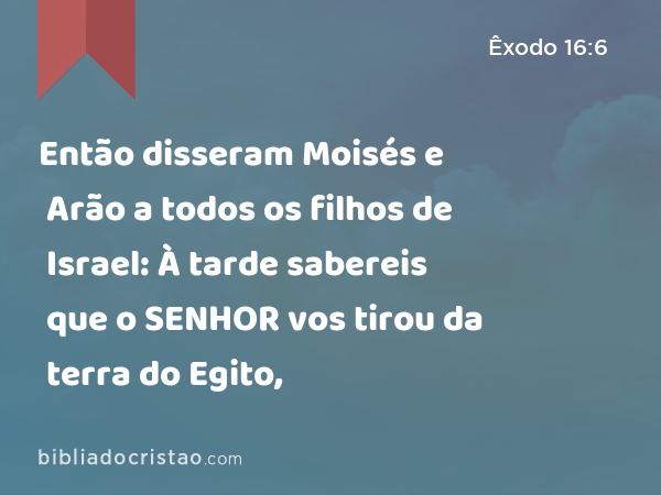 Então disseram Moisés e Arão a todos os filhos de Israel: À tarde sabereis que o SENHOR vos tirou da terra do Egito, - Êxodo 16:6