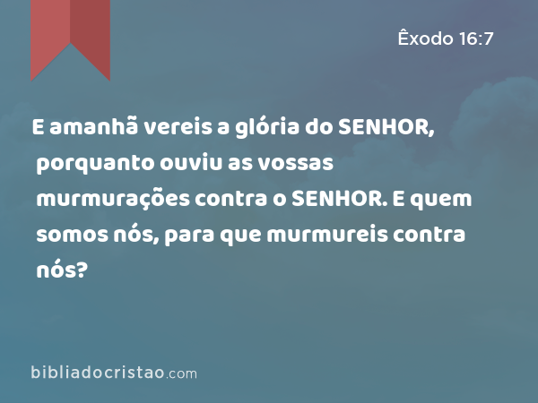 E amanhã vereis a glória do SENHOR, porquanto ouviu as vossas murmurações contra o SENHOR. E quem somos nós, para que murmureis contra nós? - Êxodo 16:7