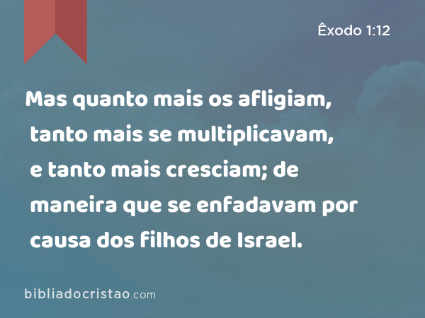 Mas quanto mais os afligiam, tanto mais se multiplicavam, e tanto mais cresciam; de maneira que se enfadavam por causa dos filhos de Israel. - Êxodo 1:12