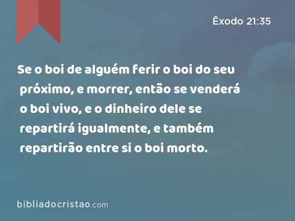 Se o boi de alguém ferir o boi do seu próximo, e morrer, então se venderá o boi vivo, e o dinheiro dele se repartirá igualmente, e também repartirão entre si o boi morto. - Êxodo 21:35