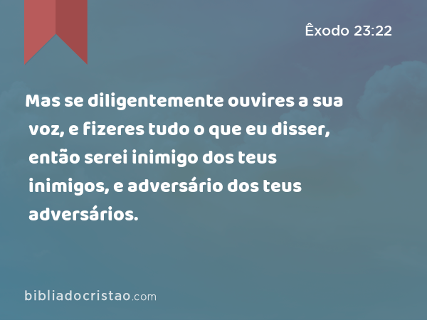 Mas se diligentemente ouvires a sua voz, e fizeres tudo o que eu disser, então serei inimigo dos teus inimigos, e adversário dos teus adversários. - Êxodo 23:22