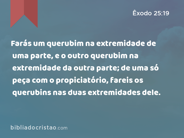 Farás um querubim na extremidade de uma parte, e o outro querubim na extremidade da outra parte; de uma só peça com o propiciatório, fareis os querubins nas duas extremidades dele. - Êxodo 25:19