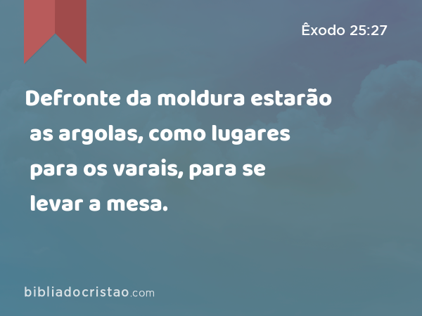 Defronte da moldura estarão as argolas, como lugares para os varais, para se levar a mesa. - Êxodo 25:27