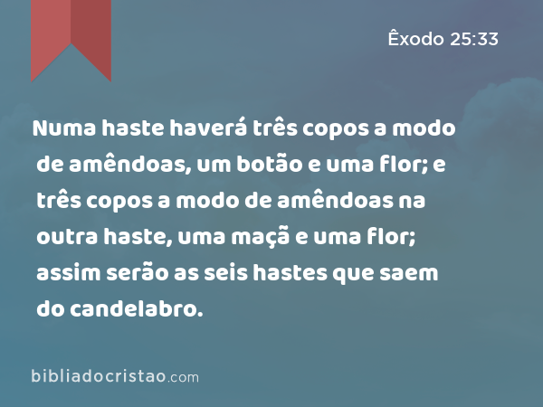 Numa haste haverá três copos a modo de amêndoas, um botão e uma flor; e três copos a modo de amêndoas na outra haste, uma maçã e uma flor; assim serão as seis hastes que saem do candelabro. - Êxodo 25:33