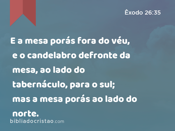 E a mesa porás fora do véu, e o candelabro defronte da mesa, ao lado do tabernáculo, para o sul; mas a mesa porás ao lado do norte. - Êxodo 26:35