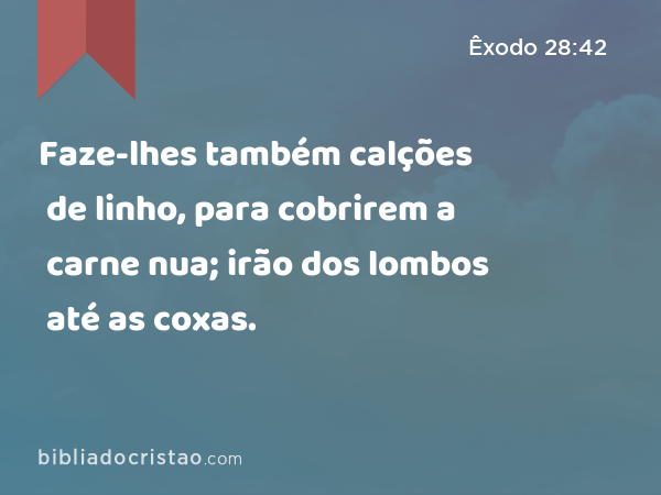 Faze-lhes também calções de linho, para cobrirem a carne nua; irão dos lombos até as coxas. - Êxodo 28:42