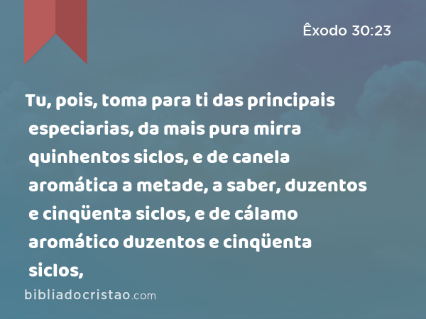 Tu, pois, toma para ti das principais especiarias, da mais pura mirra quinhentos siclos, e de canela aromática a metade, a saber, duzentos e cinqüenta siclos, e de cálamo aromático duzentos e cinqüenta siclos, - Êxodo 30:23