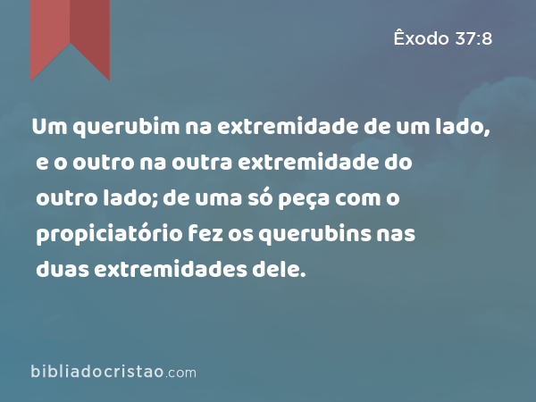 Um querubim na extremidade de um lado, e o outro na outra extremidade do outro lado; de uma só peça com o propiciatório fez os querubins nas duas extremidades dele. - Êxodo 37:8