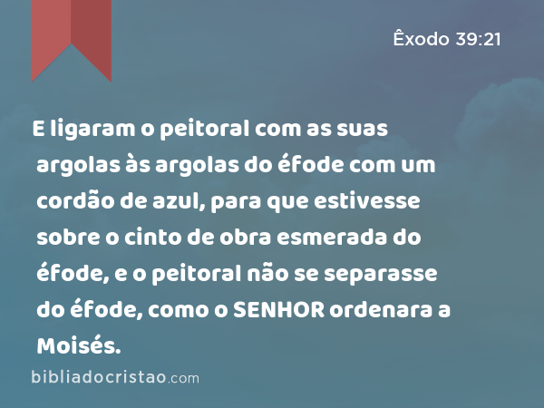 E ligaram o peitoral com as suas argolas às argolas do éfode com um cordão de azul, para que estivesse sobre o cinto de obra esmerada do éfode, e o peitoral não se separasse do éfode, como o SENHOR ordenara a Moisés. - Êxodo 39:21