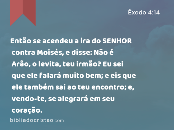 Então se acendeu a ira do SENHOR contra Moisés, e disse: Não é Arão, o levita, teu irmão? Eu sei que ele falará muito bem; e eis que ele também sai ao teu encontro; e, vendo-te, se alegrará em seu coração. - Êxodo 4:14