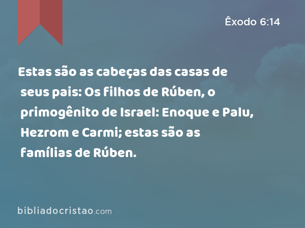 Estas são as cabeças das casas de seus pais: Os filhos de Rúben, o primogênito de Israel: Enoque e Palu, Hezrom e Carmi; estas são as famílias de Rúben. - Êxodo 6:14