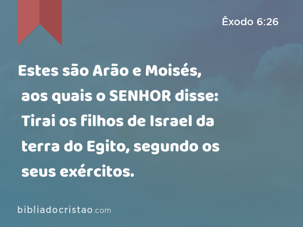 Estes são Arão e Moisés, aos quais o SENHOR disse: Tirai os filhos de Israel da terra do Egito, segundo os seus exércitos. - Êxodo 6:26