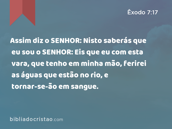 Assim diz o SENHOR: Nisto saberás que eu sou o SENHOR: Eis que eu com esta vara, que tenho em minha mão, ferirei as águas que estão no rio, e tornar-se-ão em sangue. - Êxodo 7:17