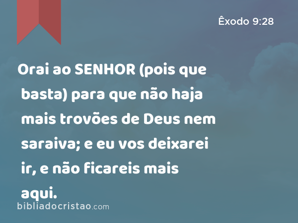 Orai ao SENHOR (pois que basta) para que não haja mais trovões de Deus nem saraiva; e eu vos deixarei ir, e não ficareis mais aqui. - Êxodo 9:28