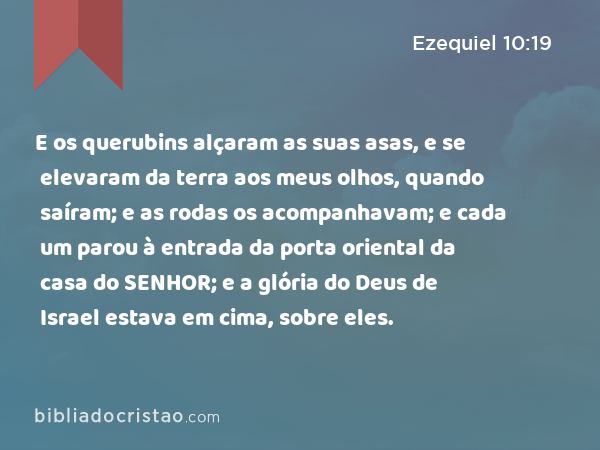 E os querubins alçaram as suas asas, e se elevaram da terra aos meus olhos, quando saíram; e as rodas os acompanhavam; e cada um parou à entrada da porta oriental da casa do SENHOR; e a glória do Deus de Israel estava em cima, sobre eles. - Ezequiel 10:19