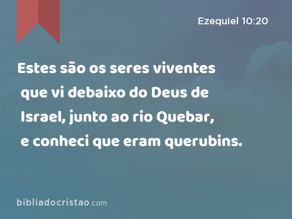 Estes são os seres viventes que vi debaixo do Deus de Israel, junto ao rio Quebar, e conheci que eram querubins. - Ezequiel 10:20