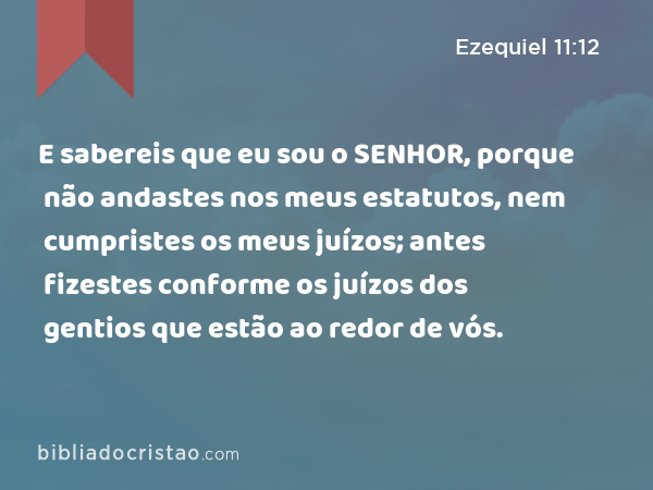 E sabereis que eu sou o SENHOR, porque não andastes nos meus estatutos, nem cumpristes os meus juízos; antes fizestes conforme os juízos dos gentios que estão ao redor de vós. - Ezequiel 11:12