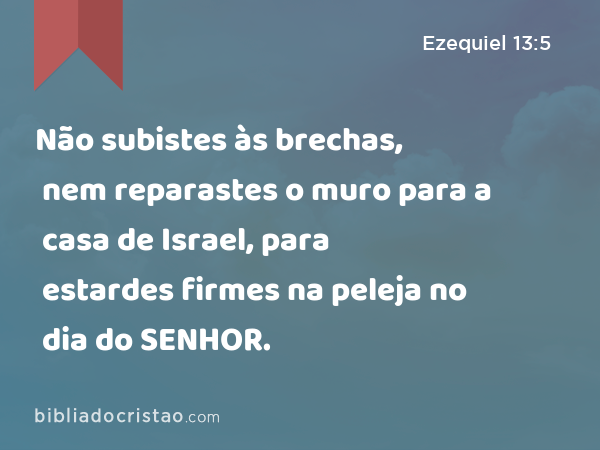 Não subistes às brechas, nem reparastes o muro para a casa de Israel, para estardes firmes na peleja no dia do SENHOR. - Ezequiel 13:5