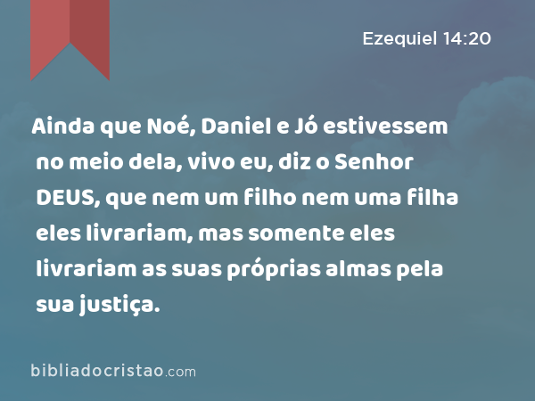 Ainda que Noé, Daniel e Jó estivessem no meio dela, vivo eu, diz o Senhor DEUS, que nem um filho nem uma filha eles livrariam, mas somente eles livrariam as suas próprias almas pela sua justiça. - Ezequiel 14:20