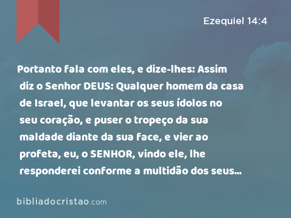 Portanto fala com eles, e dize-lhes: Assim diz o Senhor DEUS: Qualquer homem da casa de Israel, que levantar os seus ídolos no seu coração, e puser o tropeço da sua maldade diante da sua face, e vier ao profeta, eu, o SENHOR, vindo ele, lhe responderei conforme a multidão dos seus ídolos; - Ezequiel 14:4