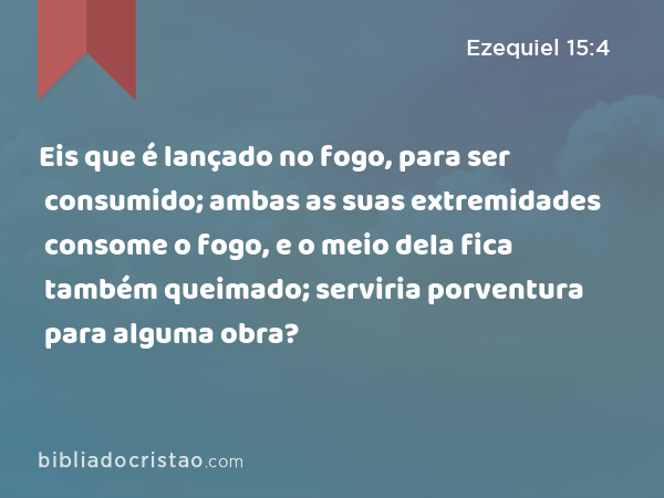 Eis que é lançado no fogo, para ser consumido; ambas as suas extremidades consome o fogo, e o meio dela fica também queimado; serviria porventura para alguma obra? - Ezequiel 15:4