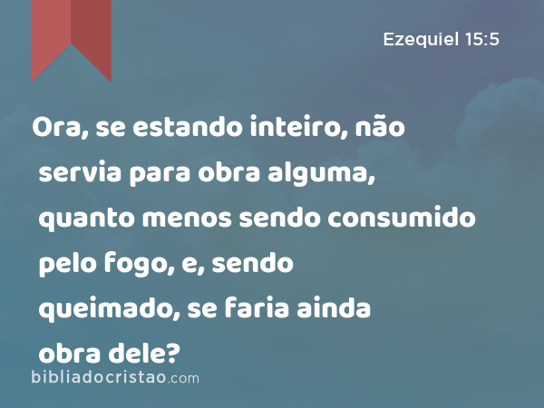 Ora, se estando inteiro, não servia para obra alguma, quanto menos sendo consumido pelo fogo, e, sendo queimado, se faria ainda obra dele? - Ezequiel 15:5