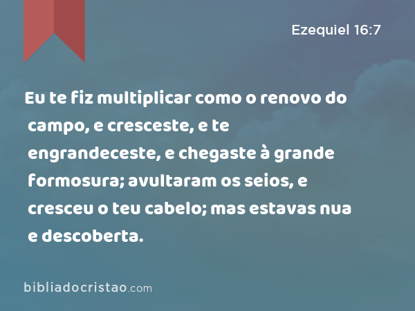 Eu te fiz multiplicar como o renovo do campo, e cresceste, e te engrandeceste, e chegaste à grande formosura; avultaram os seios, e cresceu o teu cabelo; mas estavas nua e descoberta. - Ezequiel 16:7